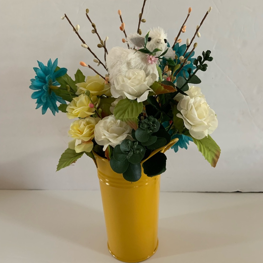 Yellow Floral Arrangement with White Lamb Accent